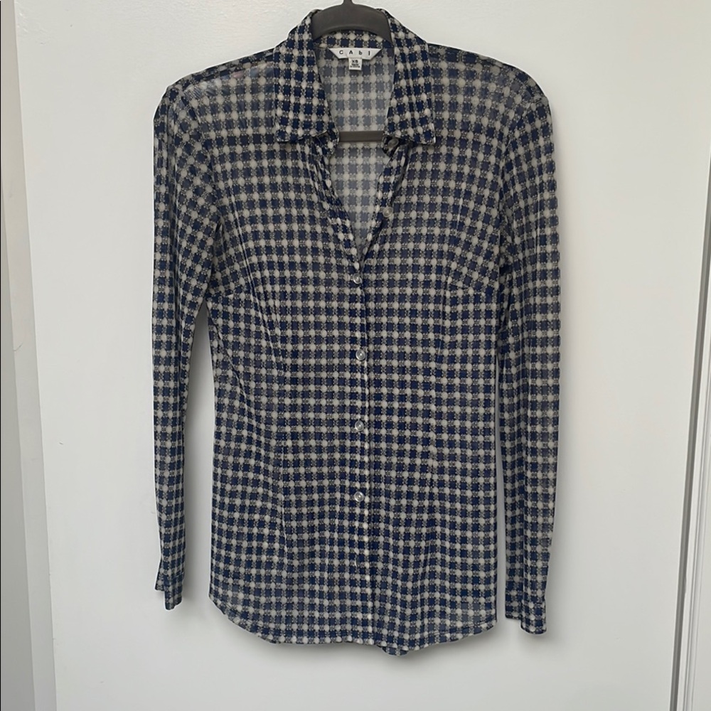 CAbi Blue and cream sheer Patterned Shirt XS